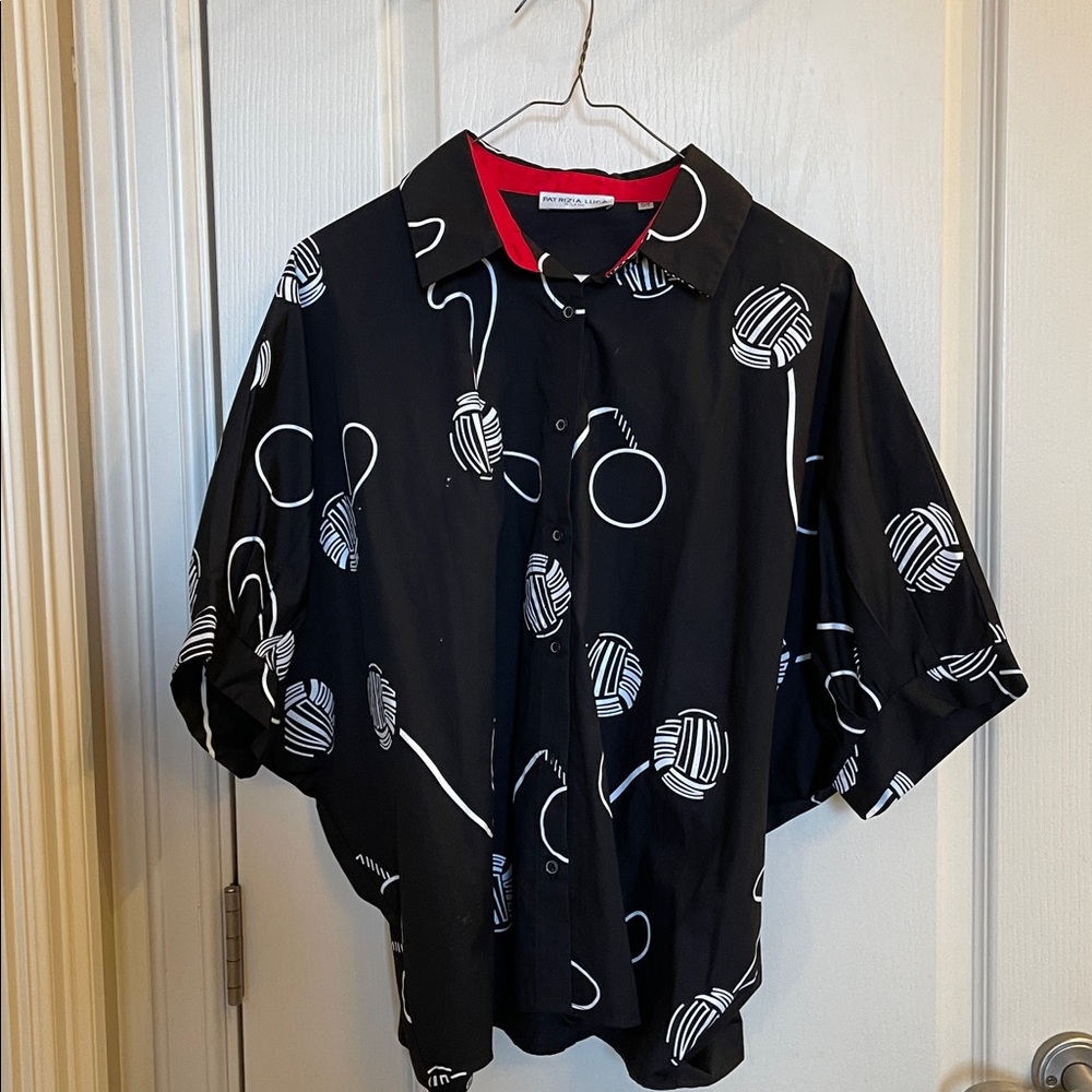Patrizia Luca Black Shirt with White Patterns and Red Collar